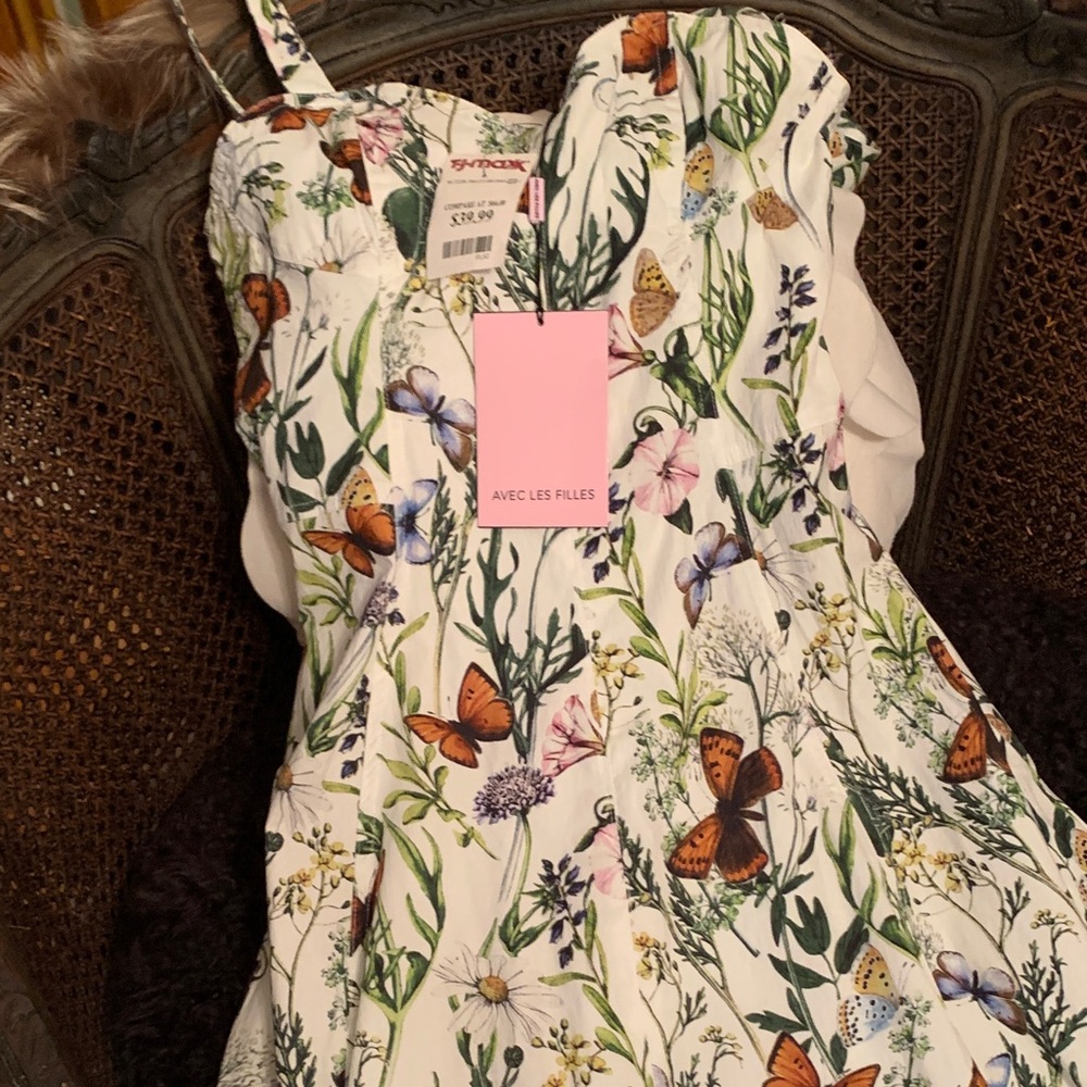 Avec Les Filles White Butterfly & Floral Sundress with Orange Accents